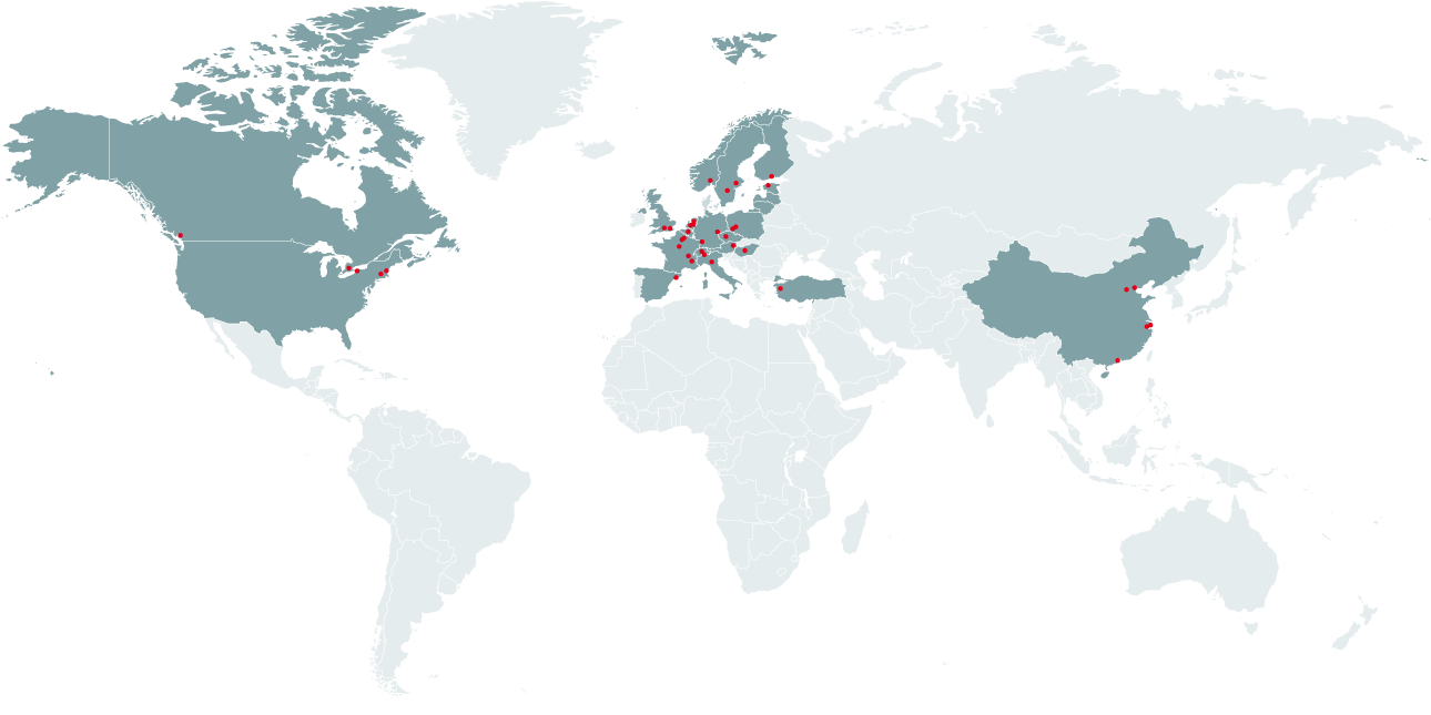 Mappemonde de Zehnder Group International Infographie de la carte du monde du groupe Zehnder montre toutes les sociétés de vente locales et les bureaux de représentation dans plus de soixante-dix pays.